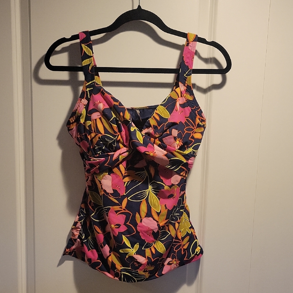 Lands' End Pink and Yellow Fitted Tie Front Tank Top
